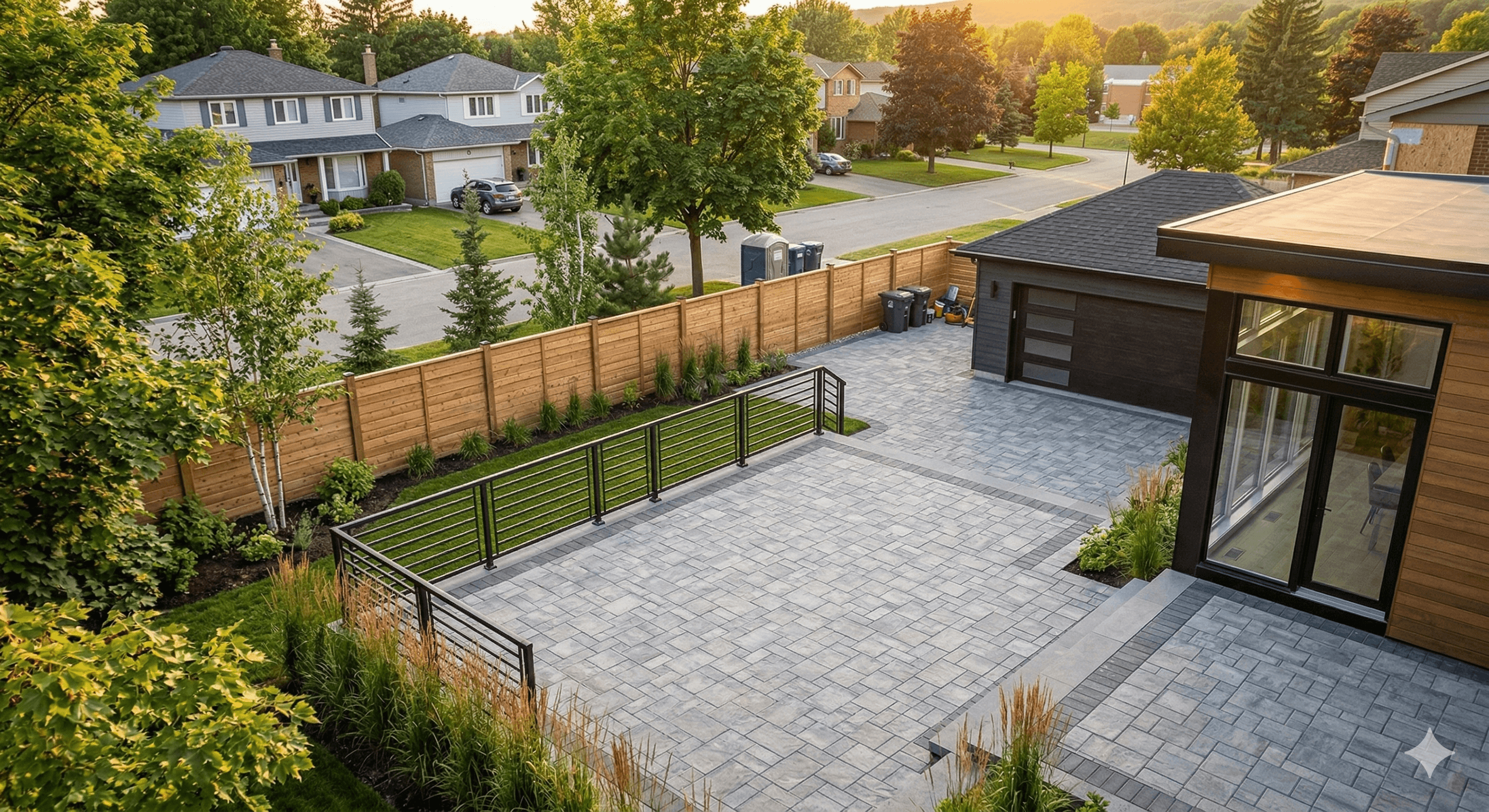Completed backyard renovation with interlocking stone patio and custom fencing